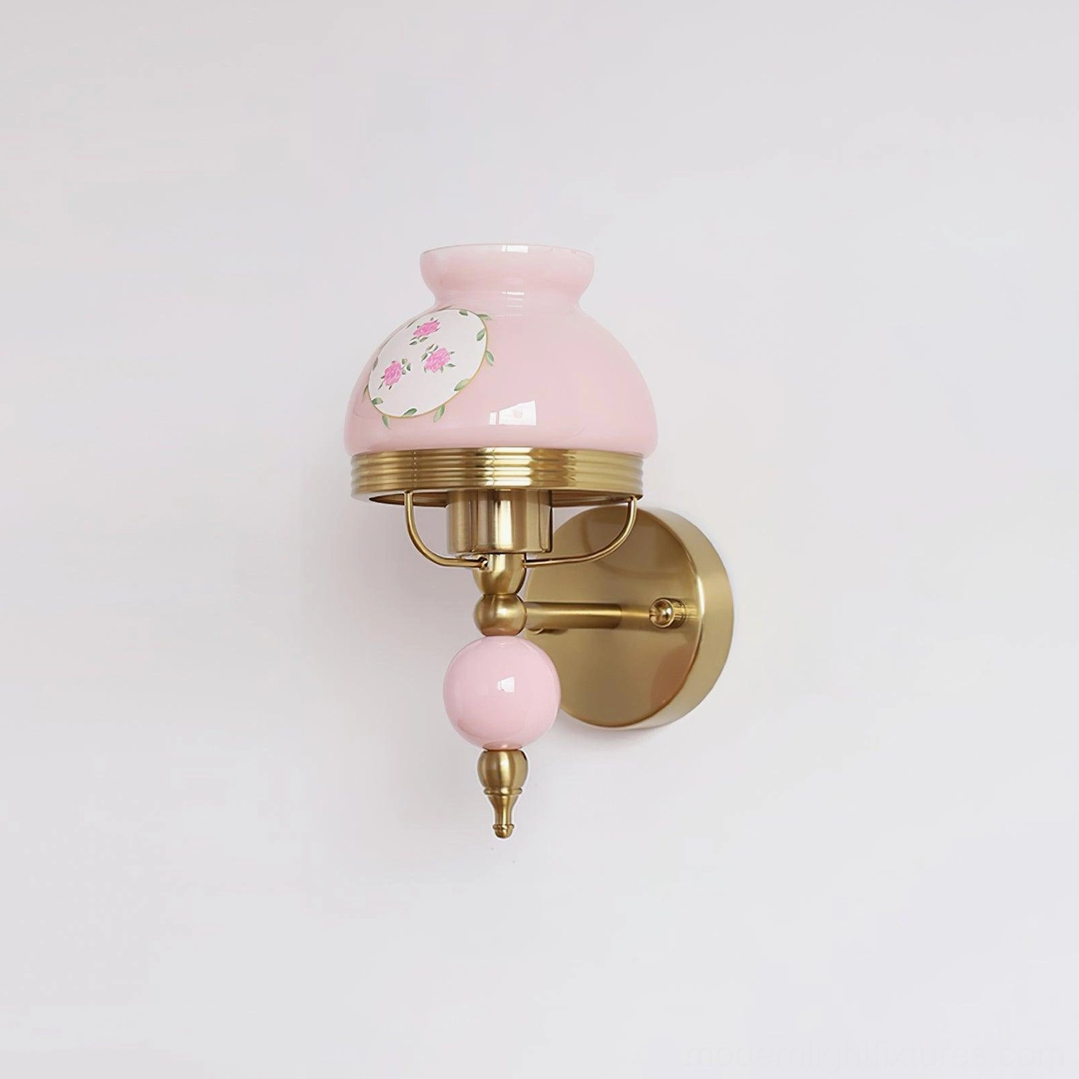 Pink retro floral wall lamp with frosted glass shade and classic brass mounting