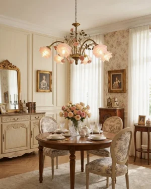 Romantic pink floral chandelier illuminated in formal vintage dining room with classic retro furniture and warm glowing ambient light