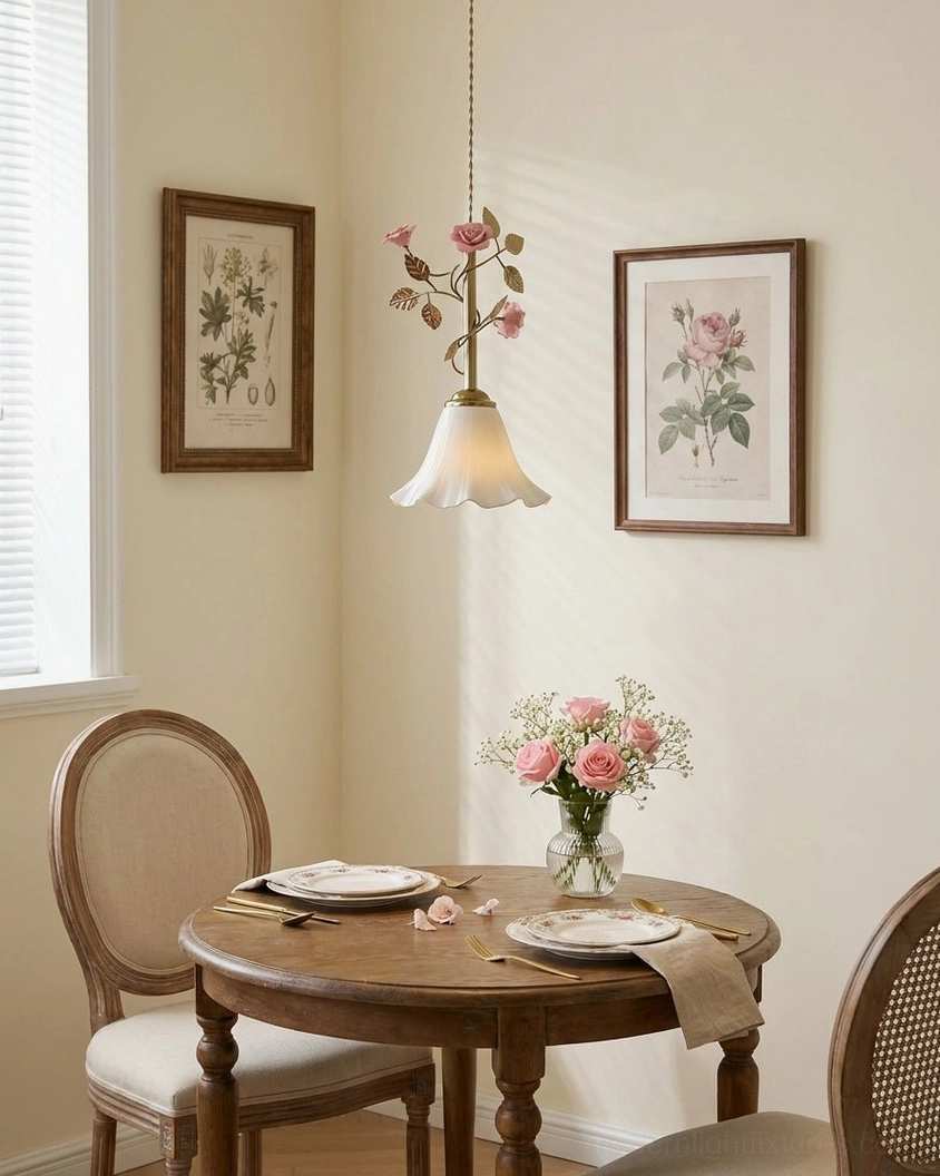 Botanical pendant fixture in casual dining area with framed wall art and warm lighting