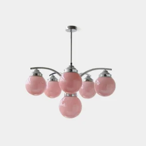 Pink Salamanca modern frosted glass chandelier with multiple globe pendant heads, chrome metal framework, top-down overhead view