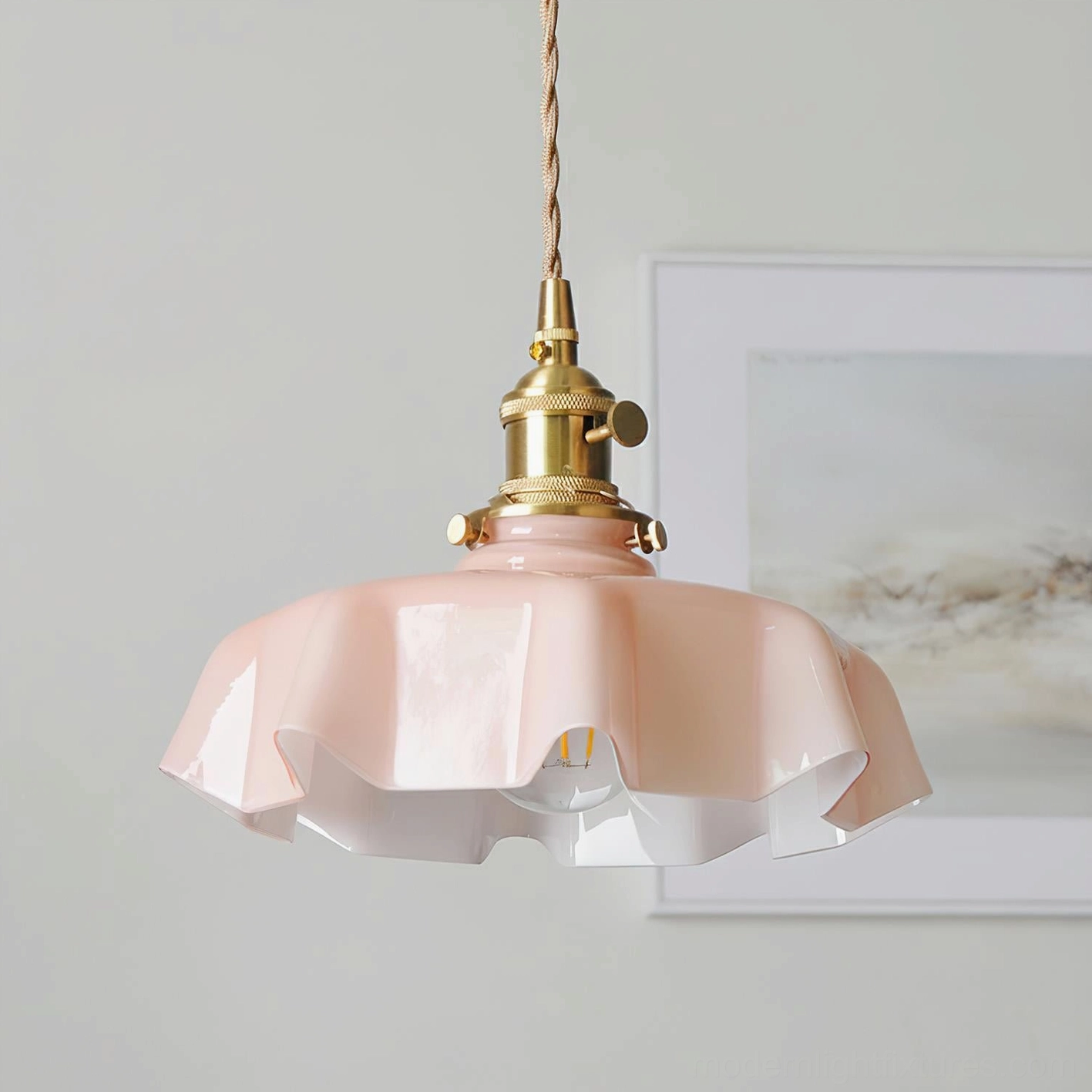 Pink glossy ruffled glass shade pendant light with brass gold hardware, romantic minimalist design