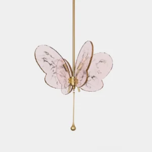 Pink Tiffany butterfly pendant light with marbled glass wings and gold metal frame, studio overhead view