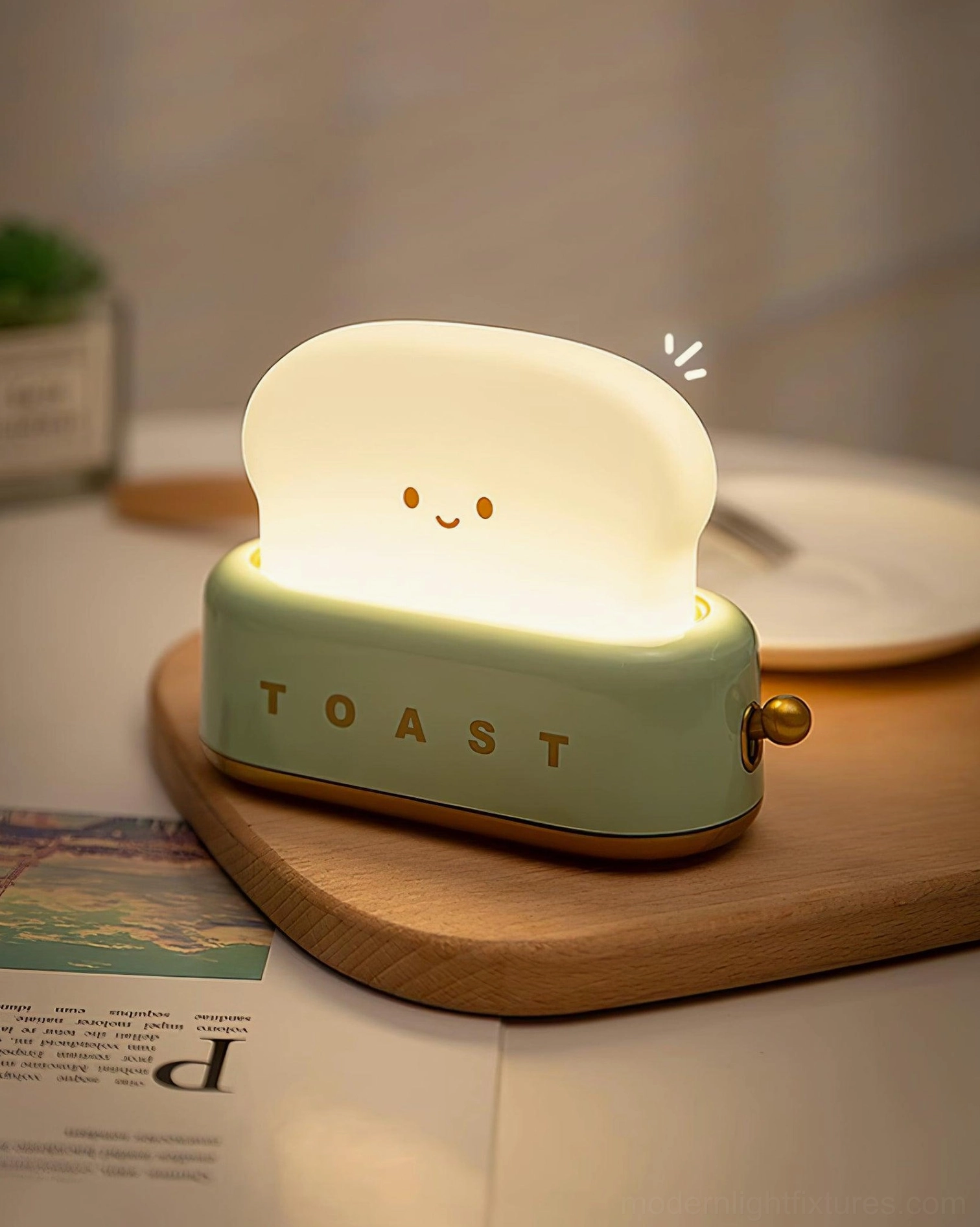 Pink toaster table lamp creating warm focal point on bedroom nightstand with soft 3000K glow