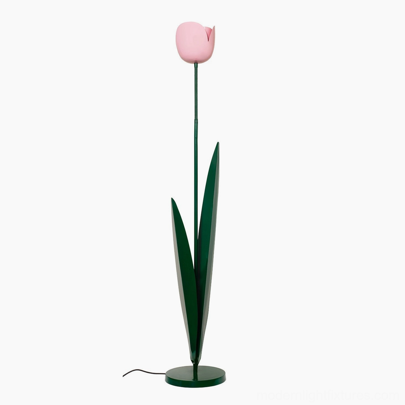 Pink tulip floor lamp full view showing painted iron construction and botanical leaf details – decorative mid-century modern floor light