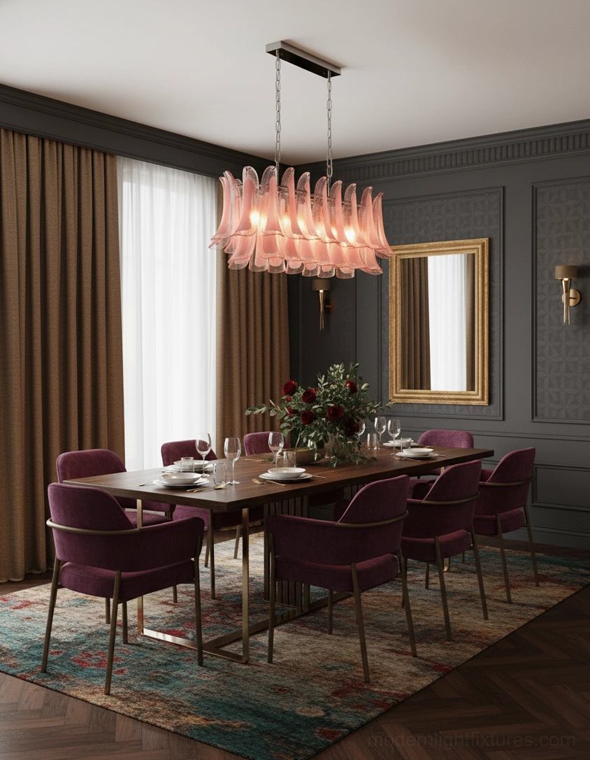Pink Murano-style glass chandelier with soft illumination in luxury dining space with dark furnishings