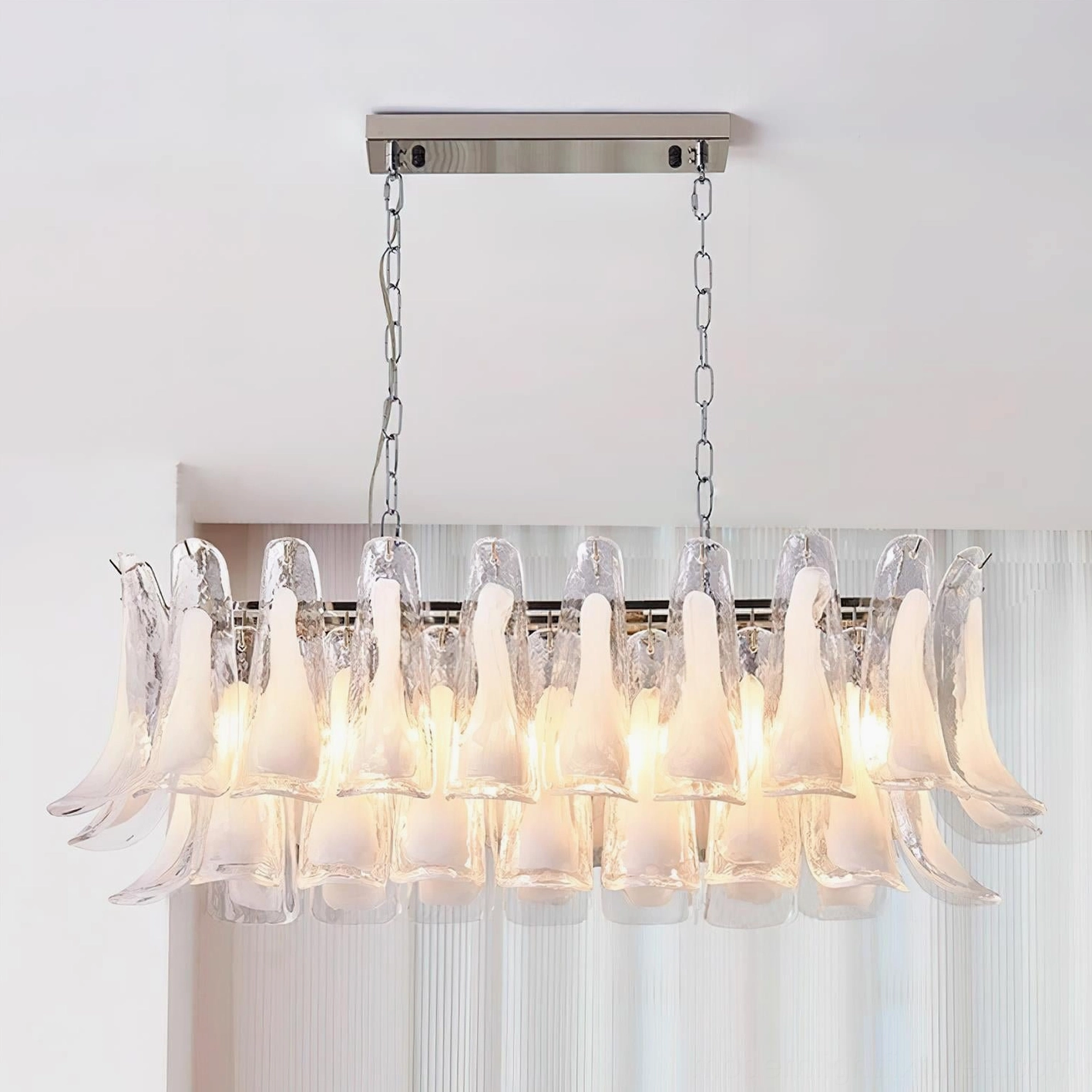 Pink tulip leaf chandelier in contemporary restaurant or hospitality dining environment