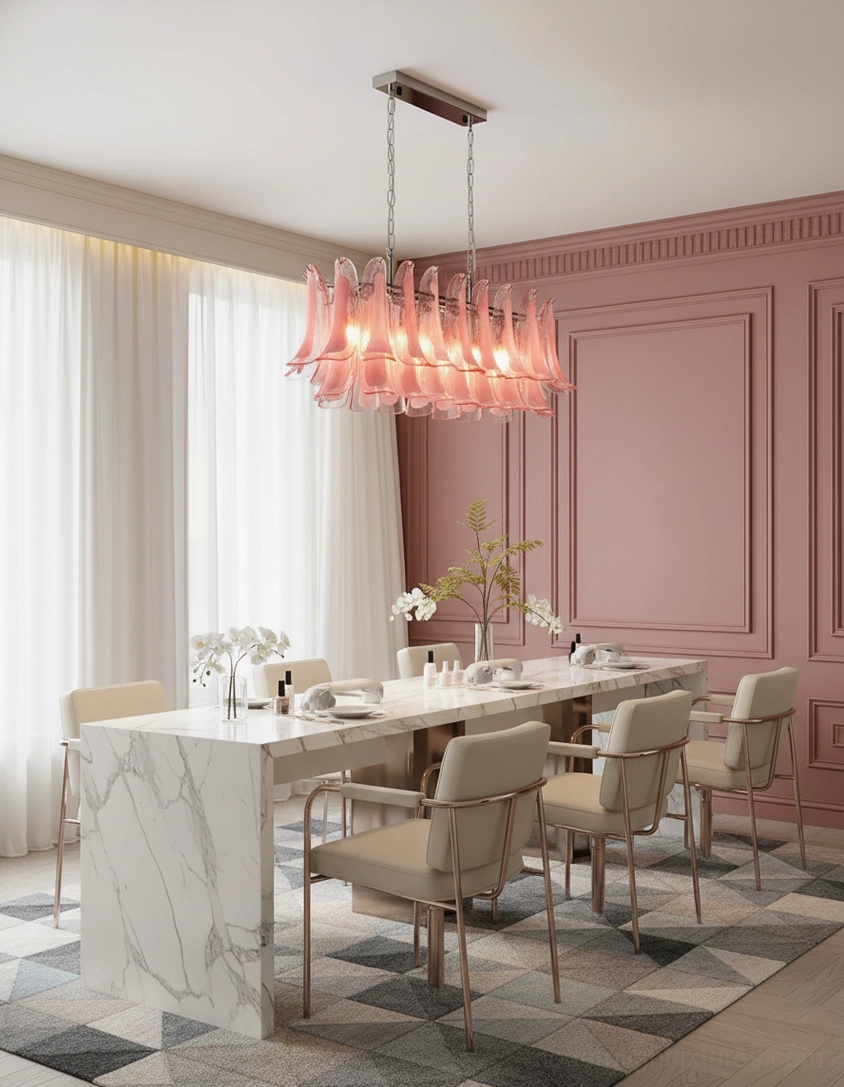 Blush pink tulip leaf chandelier with warm ambient lighting in elegant dining room interior