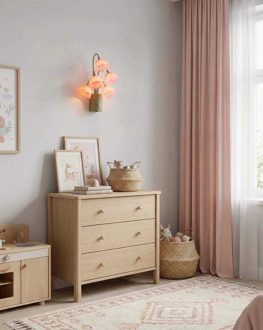 Motion-activated warm LED wall sconce with delicate pink bell-flower shades in bedroom with wooden dresser and woven storage baskets