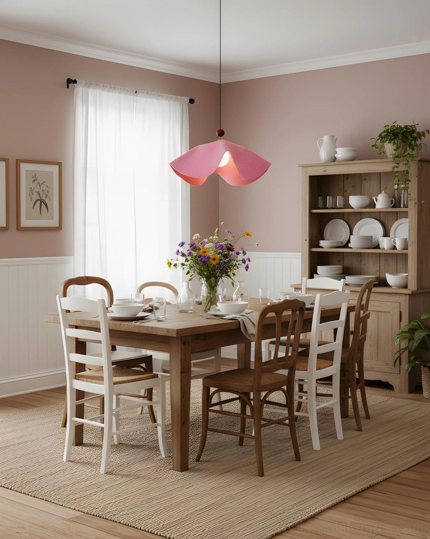 Pink wave pendant lamp above farmhouse dining table with wooden chairs and white accents