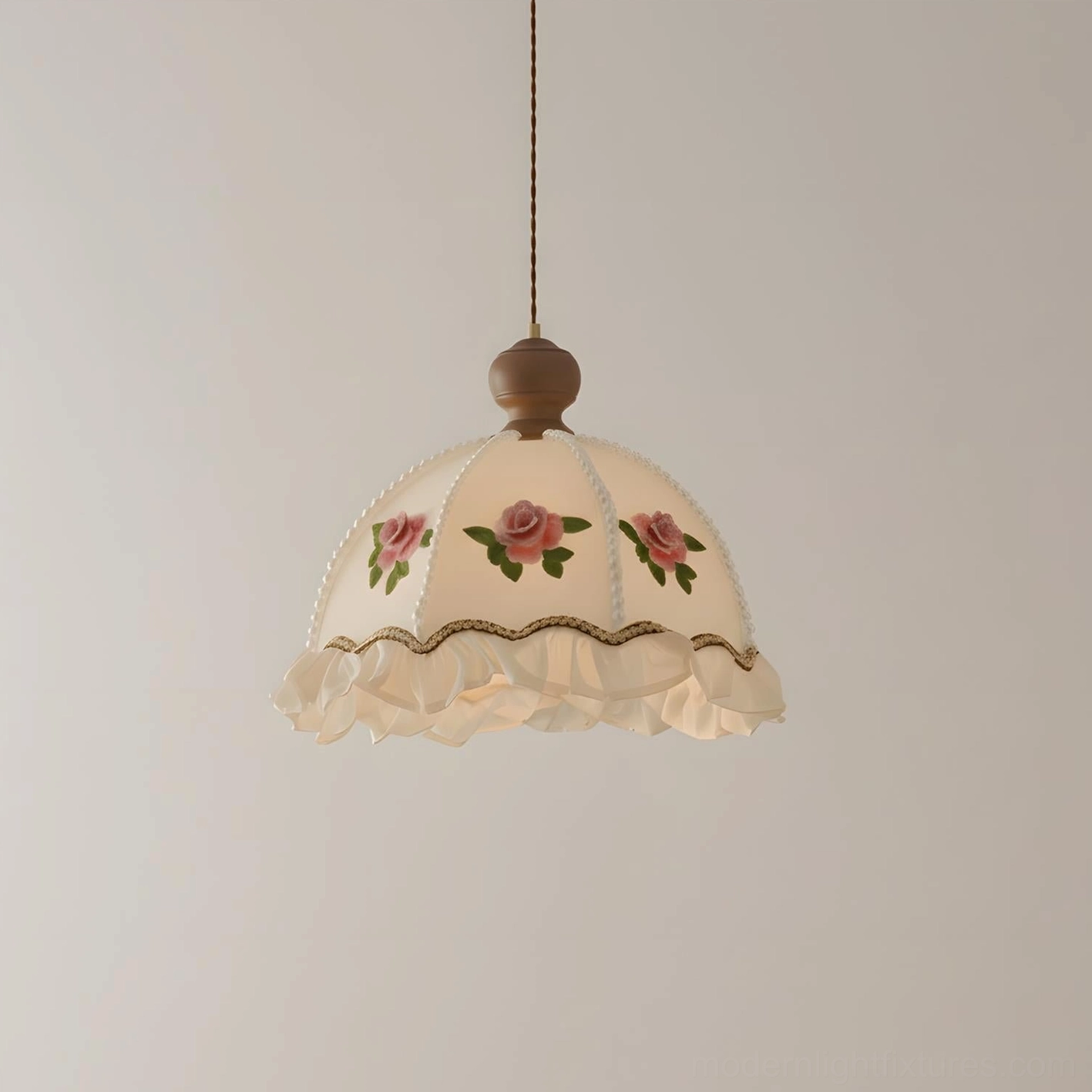 Pink and white vintage floral pendant light with hand-painted rose motifs and ruffled trim