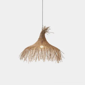 Pipa handwoven natural rattan pendant light with fringed design, overhead studio view showcasing authentic woven texture