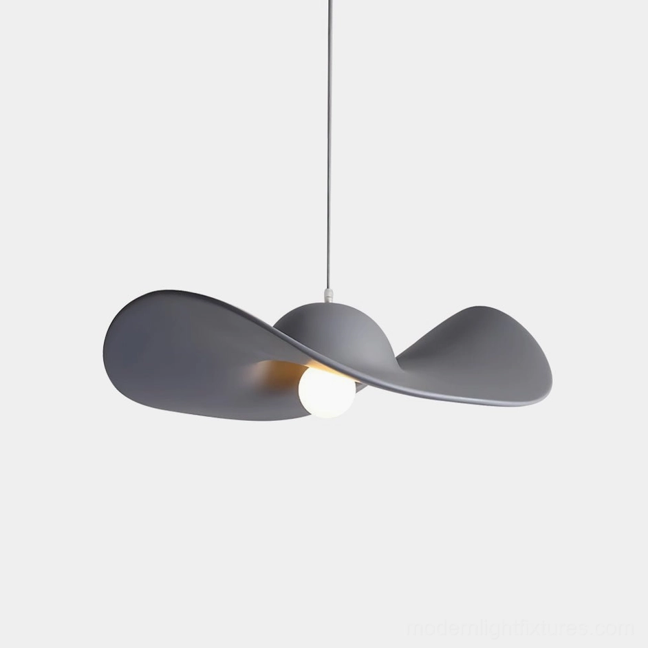 Piuma modern hat pendant light in matte dark gray with sculptural wavy brim design - minimalist resin fixture