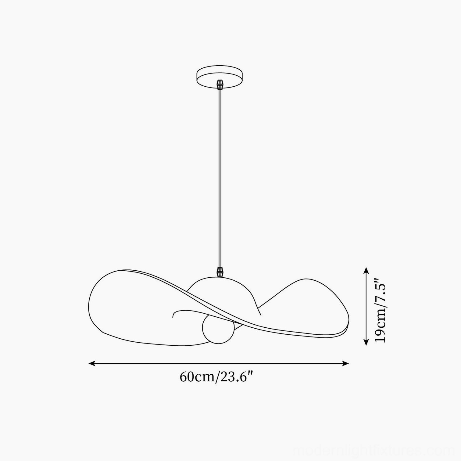 Piuma hat pendant light technical specifications - dimensions 60cm diameter 23.6 inches by 19cm height 7.5 inches