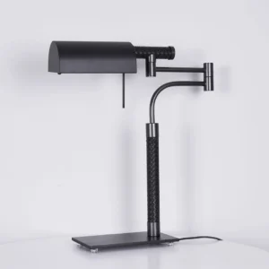 Adjustable pivot table lamp close-up showing rectangular shade and articulated joint mechanism