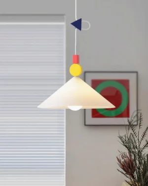 Modern pixel pendant light hanging in contemporary living room with warm exposed bulb visible