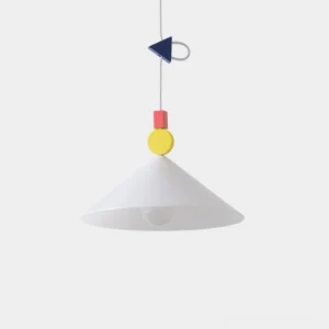 Pixel geometric pendant light with white matte shade and color-block red, yellow, blue accents in studio setting