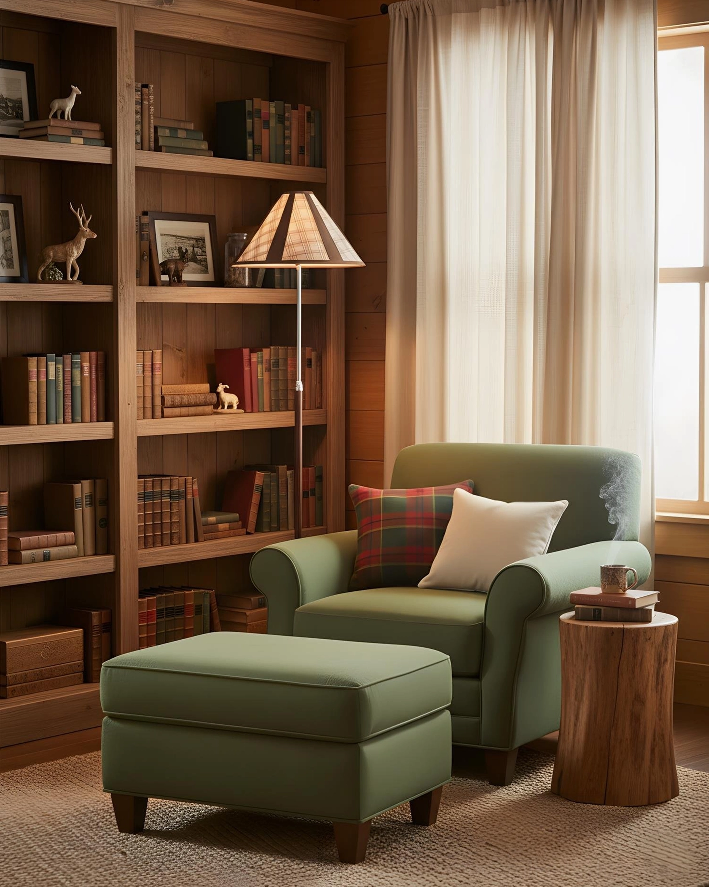 Contemporary plaid floor lamp beside green velvet sofa with wooden bookshelf and decorative items