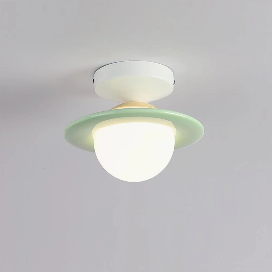 Planet ceiling light fixture showing frosted glass diffuser and disc accent trim detail