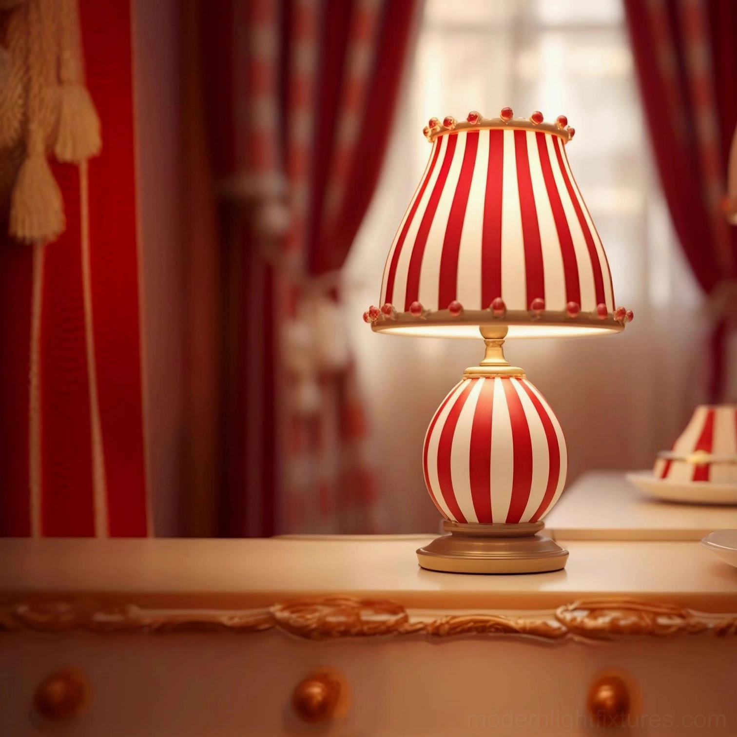 Playful yet sophisticated table lamp with striped pattern and pom-pom detail