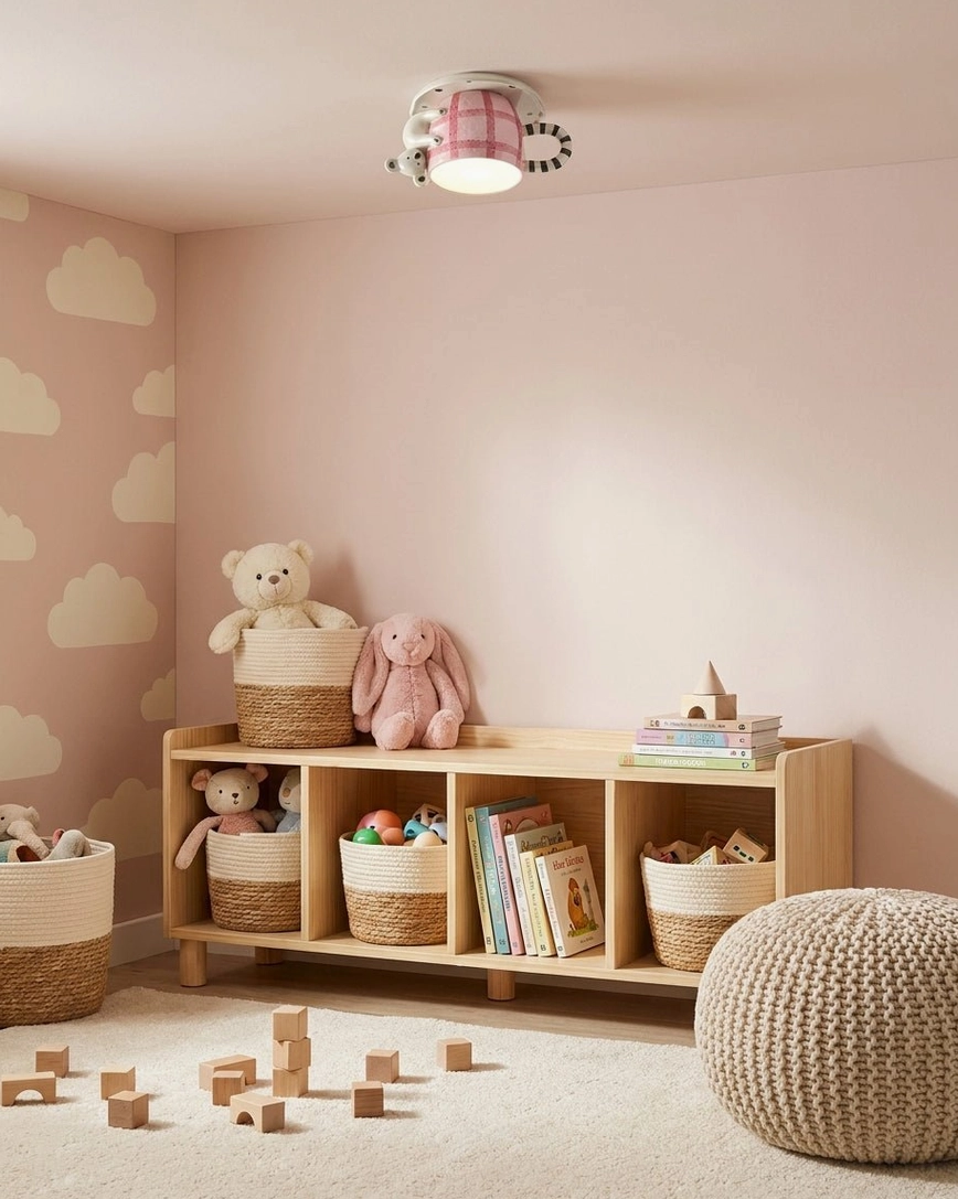 Playroom ceiling lamp with ceramic mug design above play area with cloud wall decals