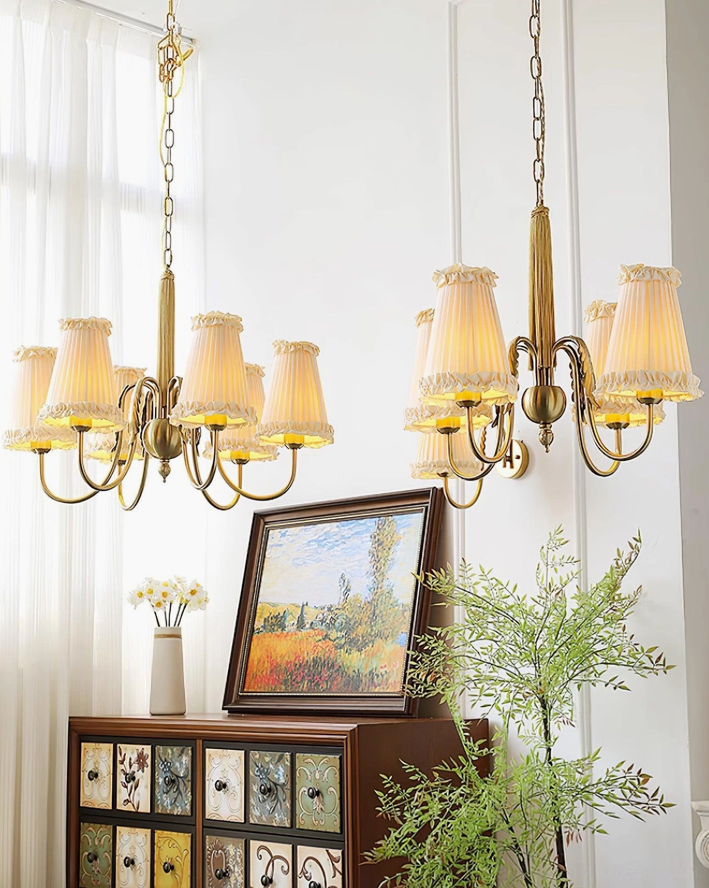 pleated beige lampshade vintage chandelier diffused light softness