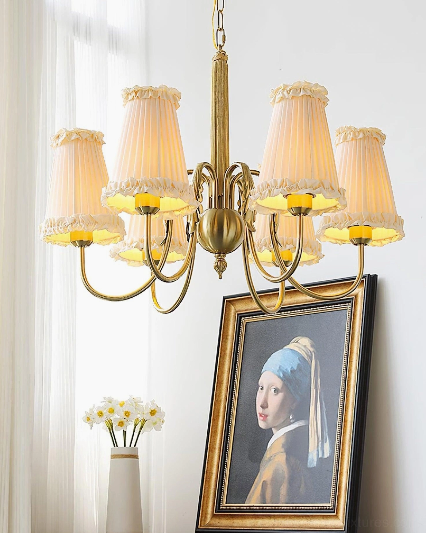 pleated fabric beige shades vintage gold chandelier warm glow detail