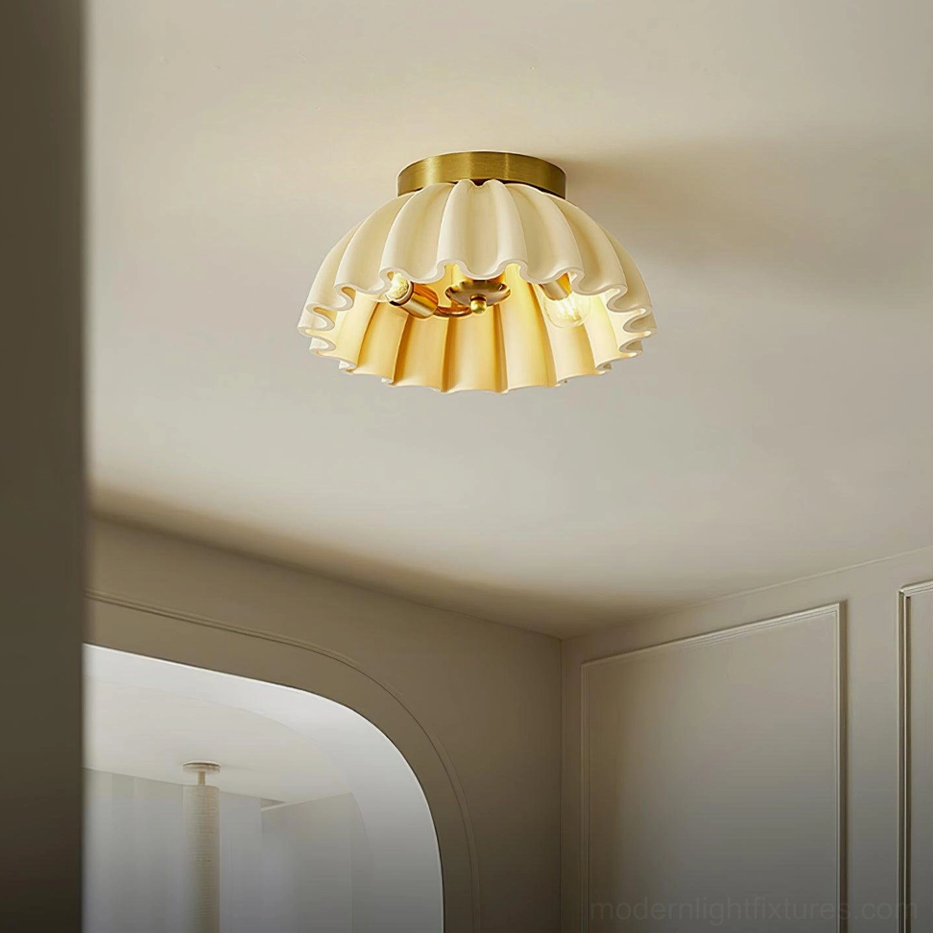 Modern ruffle pleated ceiling light fixture ambient lighting effect in interior space