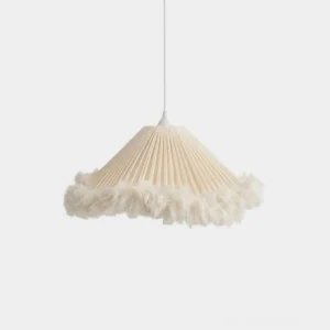 Pleated cotton fringe pendant light with soft white feather trim displayed on neutral studio background, front direct view showing textured coolie shade and fluffy fringe hem detail