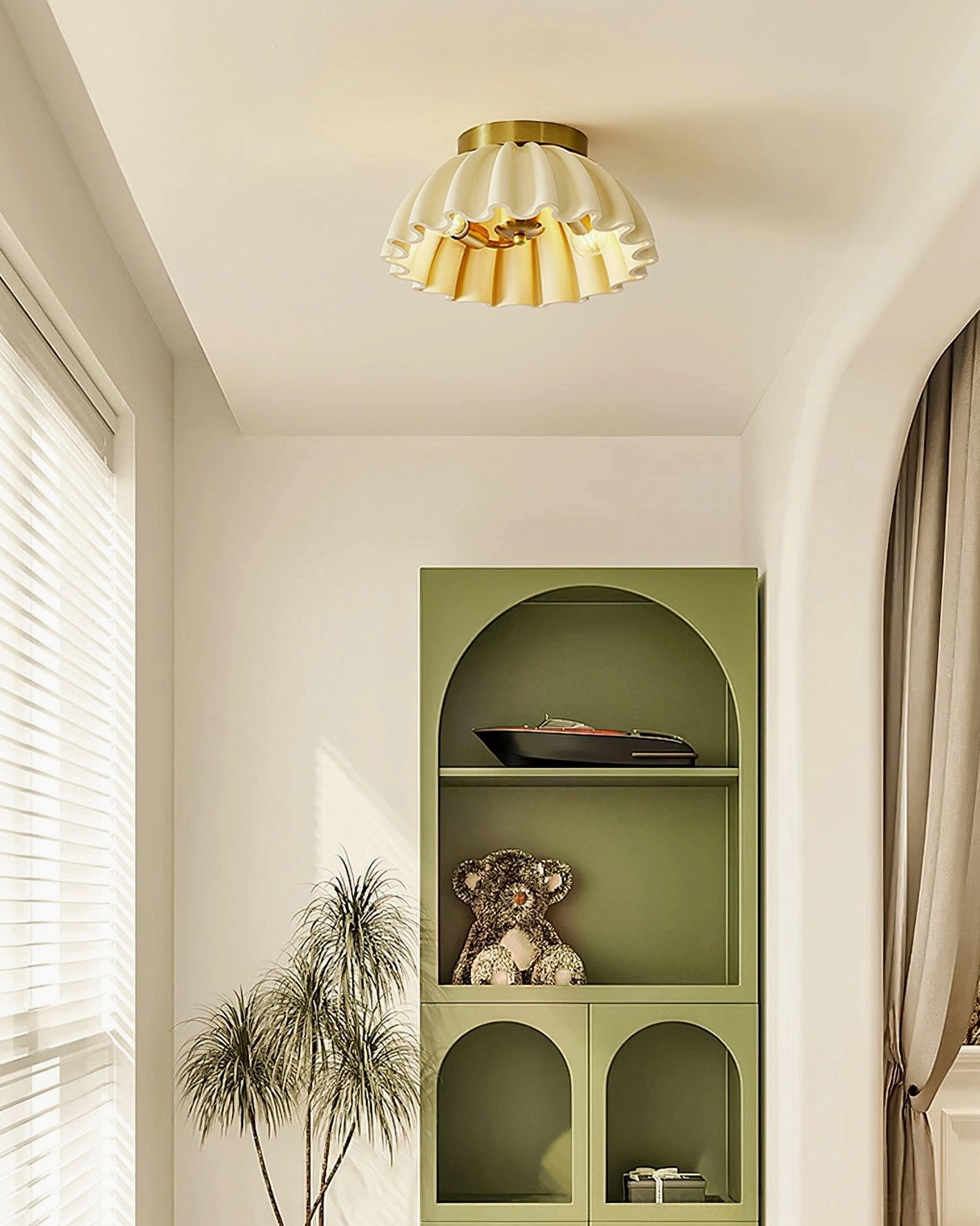 Side perspective of scalloped pleated ceiling light in minimalist entryway with warm lighting