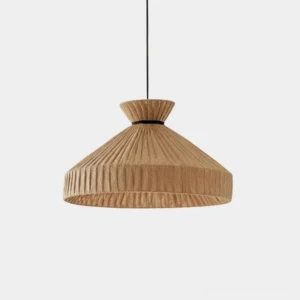 Handwoven pleated natural fiber pendant lamp with funnel silhouette and warm brown woven ribbed texture displayed against white studio backdrop