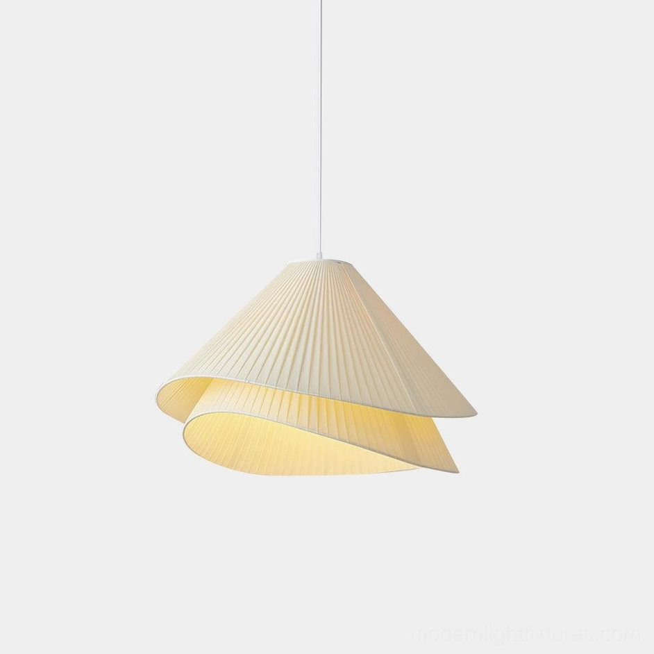 Pleated double-layer fabric pendant light with creamy beige finish, front view against studio white background