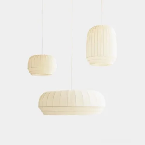 Pleated fabric pendant light - cream white modern hanging lamp with ribbed textile shade