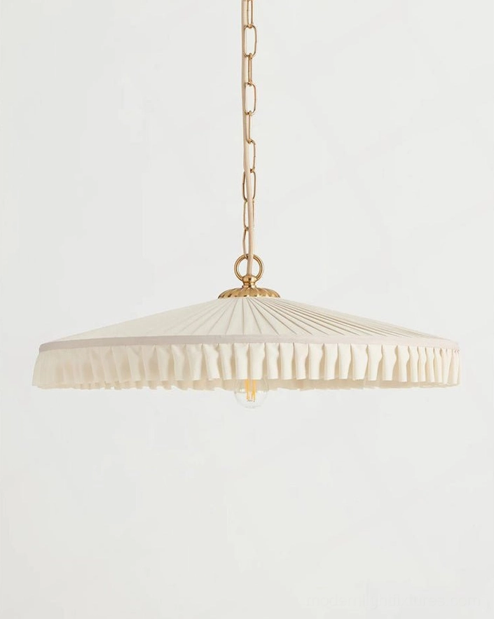Pleated fabric pendant shade side view studio, wide parasol silhouette with ruffled skirt