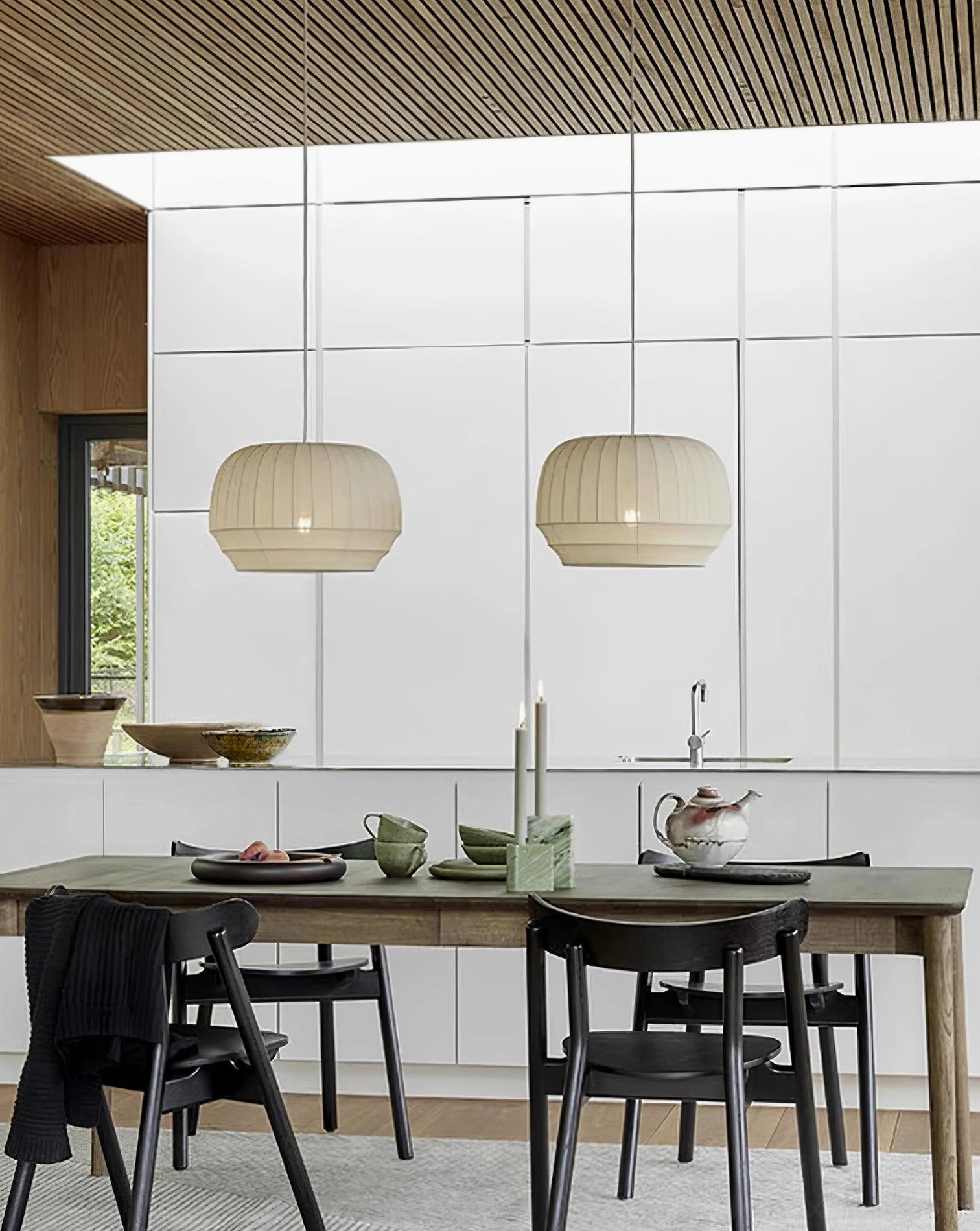 Pleated fabric pendant light detail - cream white vertical ribbed shade texture closeup