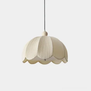 Pleated fabric scallop pendant light with off-white creamy ivory shade, front view studio shot, minimalist textile design