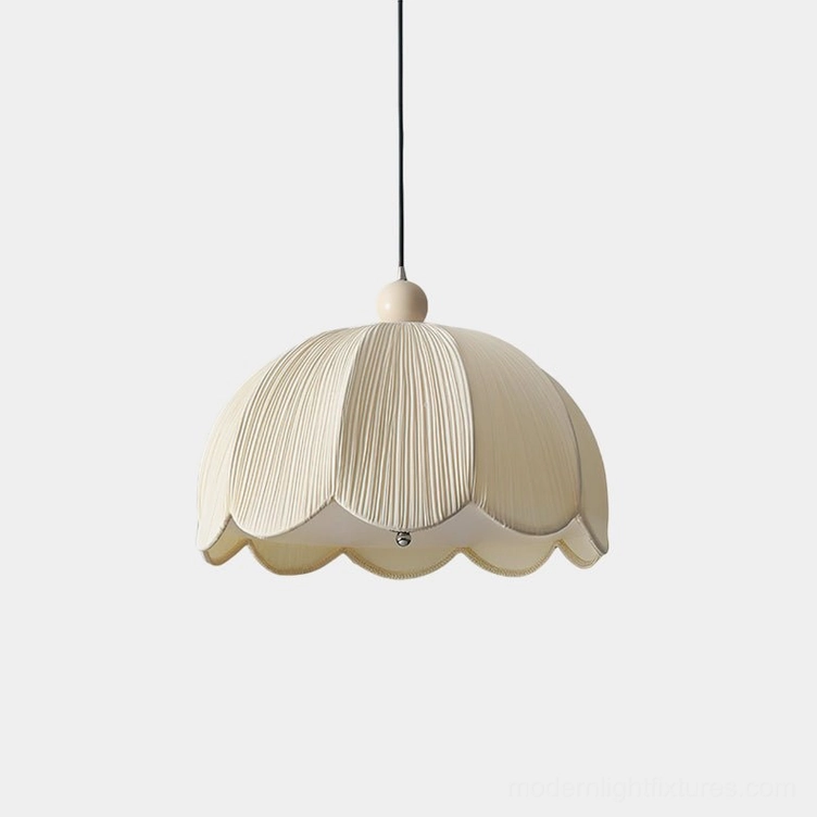 Pleated fabric scallop pendant light with off-white creamy ivory shade, front view studio shot, minimalist textile design