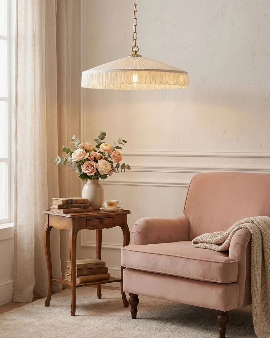 Hand-pleated beige fabric shade detail, artisanal craftsmanship and pleating variation