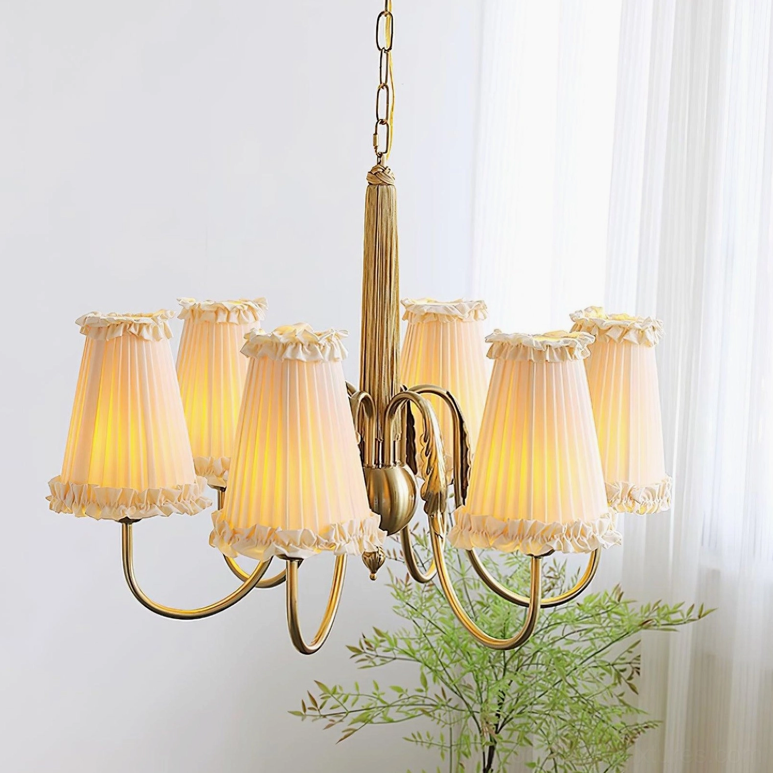 pleated fabric shade vintage chandelier romantic living space