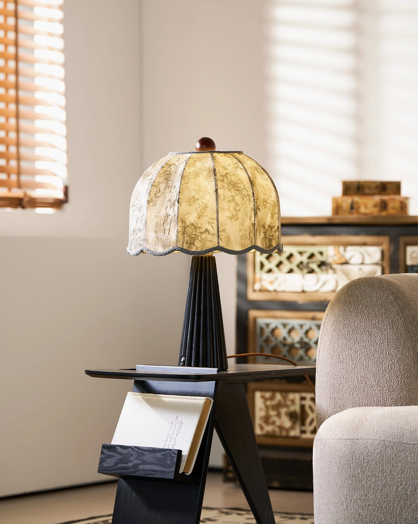 Pleated fabric table lamp product lifestyle photography - home interior design inspiration