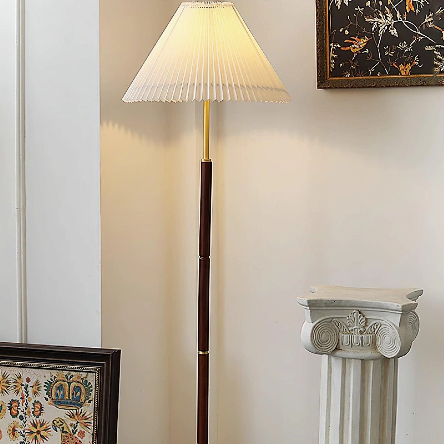 Pleated fabric floor lamp providing ambient lighting in minimalist vintage bedroom setting