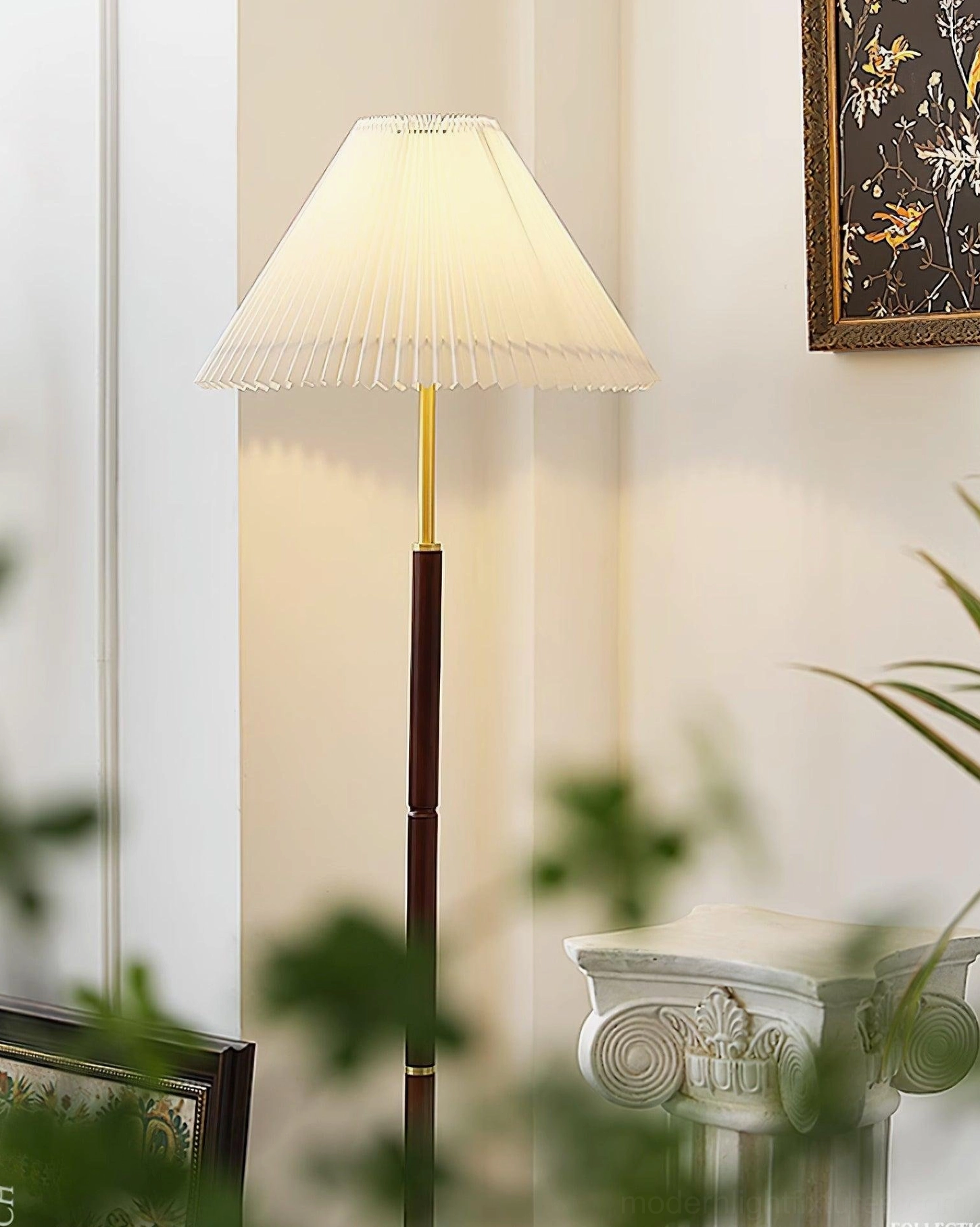 Mid-century modern pleated floor lamp with art decor and warm home ambiance
