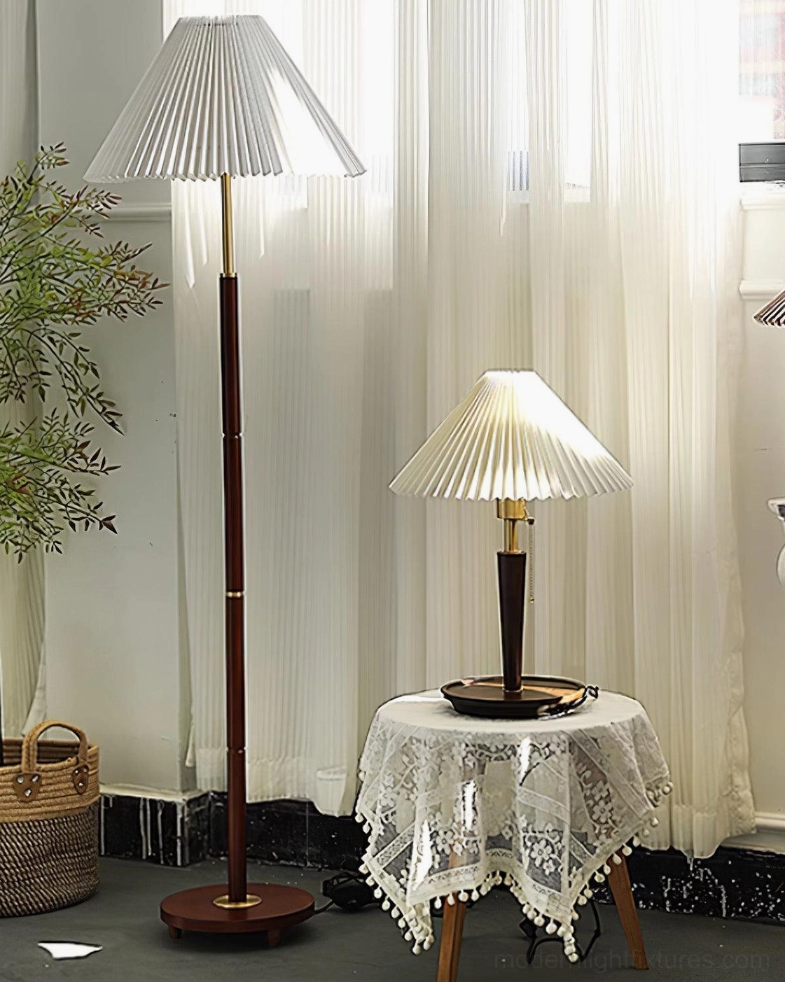 Architectural pleated fabric floor lamp complementing contemporary home furnishings