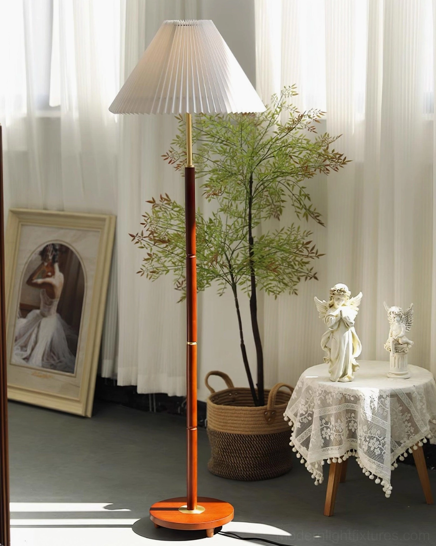 Retro pleated floor lamp with orange base and gold accents in vintage home interior