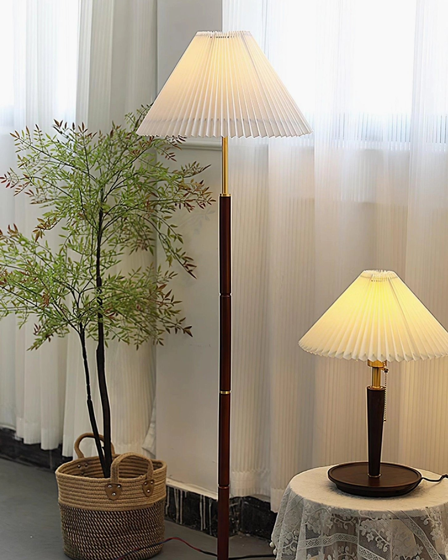 Mid-century modern floor lamp with pleated shade in Scandinavian interior design style