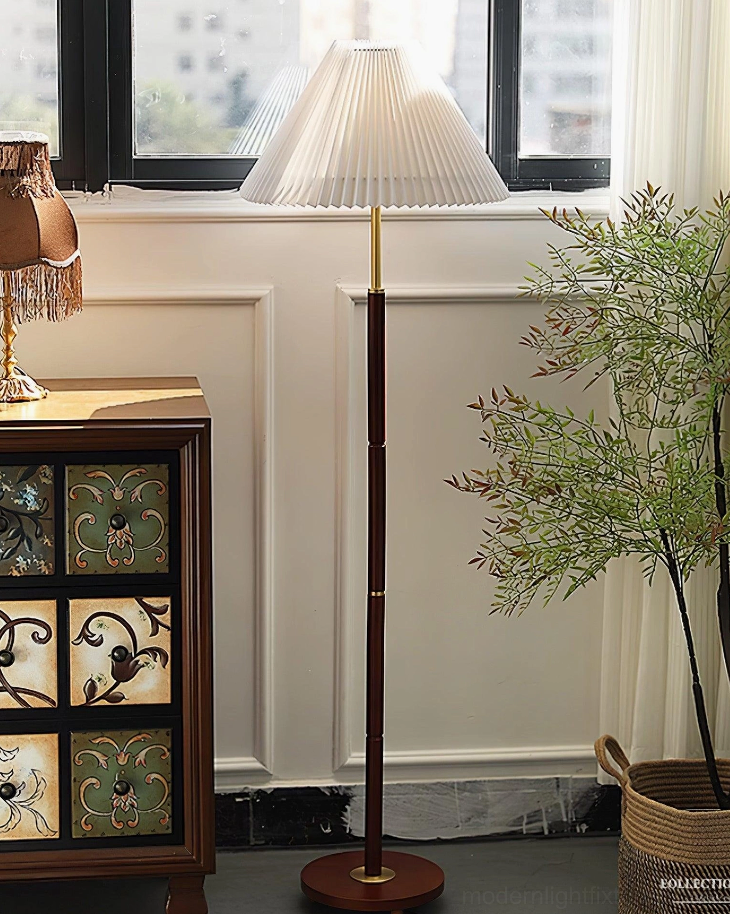 Modern pleated floor lamp creating soft diffused lighting in home interior design