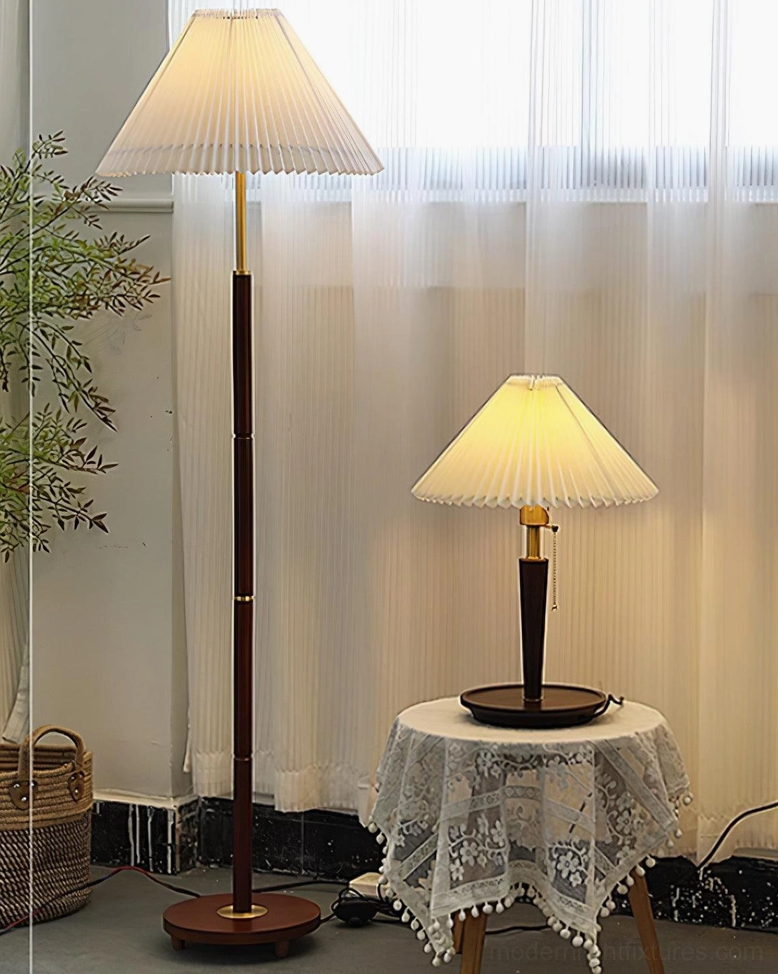 Pleated floor lamp providing warm task lighting for reading corner and home office