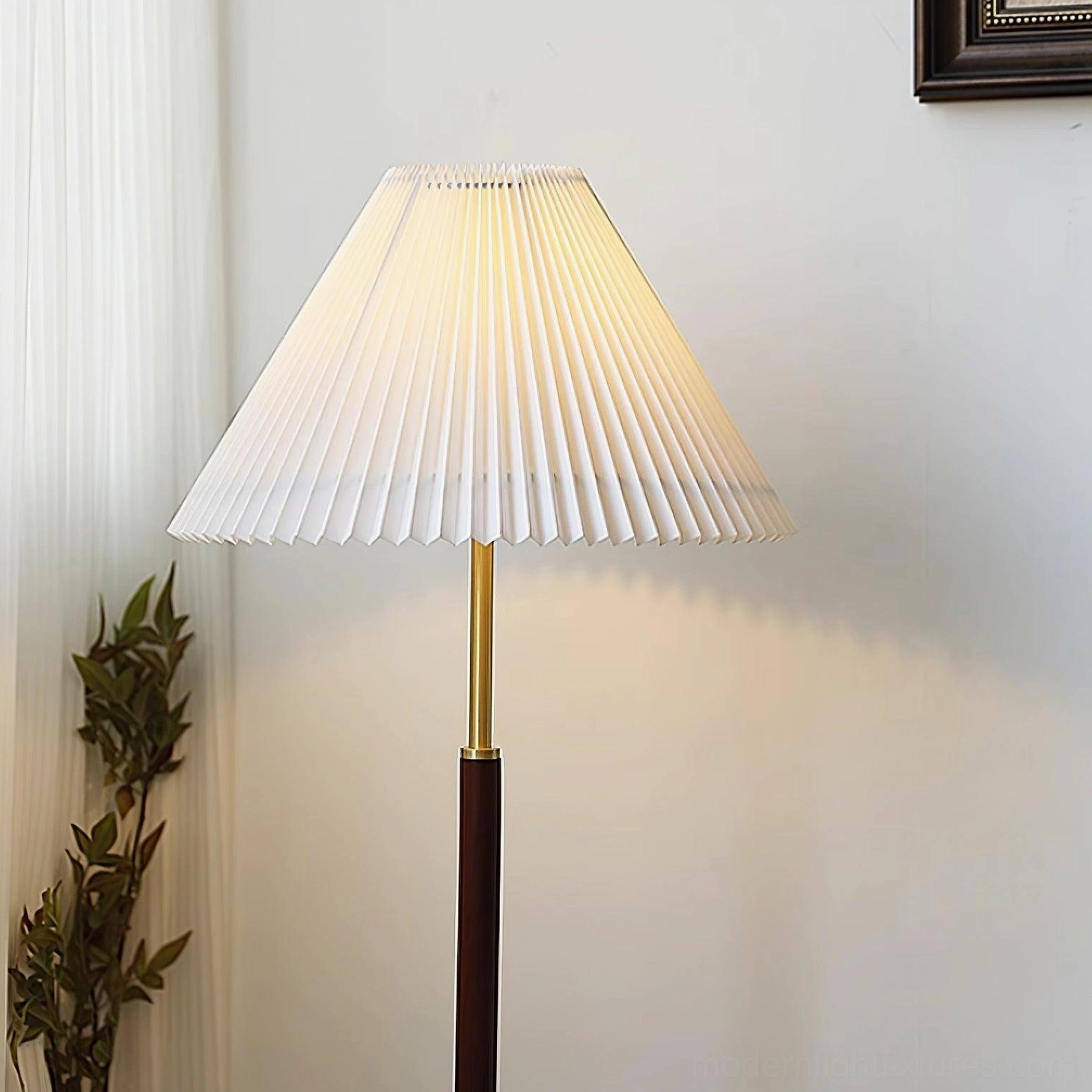 Vintage-style pleated floor lamp with white fabric shade and minimalist interior decor