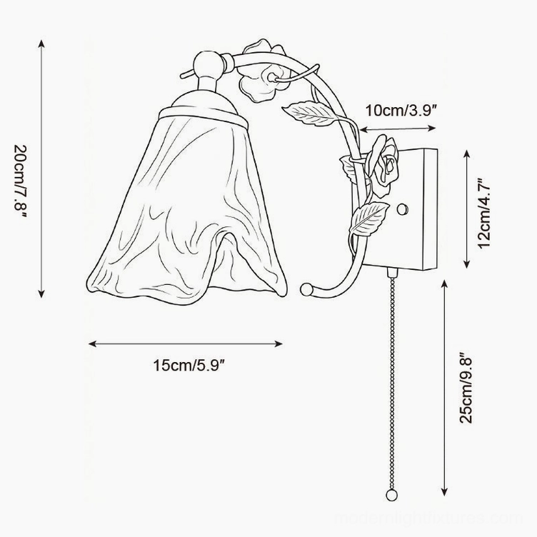 Floral wall lamp technical drawing with pleated flared glass shade and rose-decorated arm