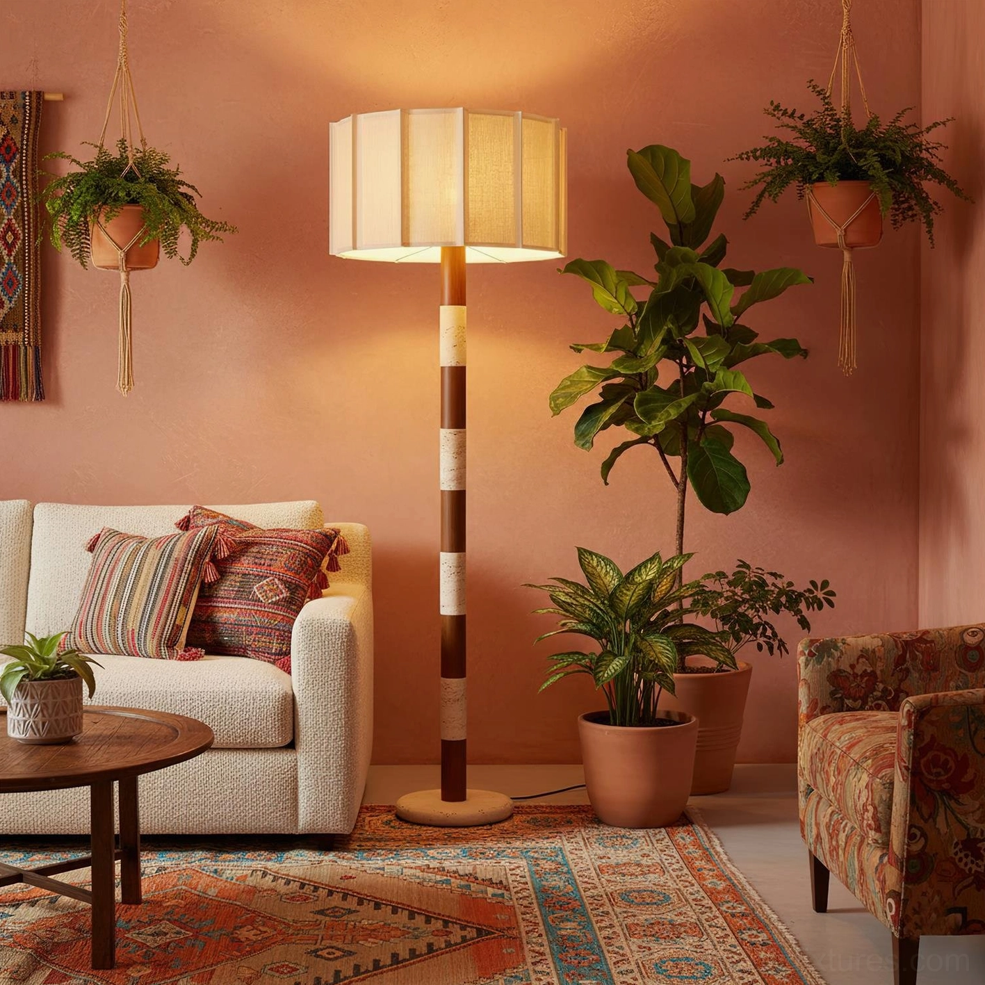 Close-up detail of pleated grove floor lamp shade and travertine walnut pole showing texture and craftsmanship of the sculptural lighting fixture