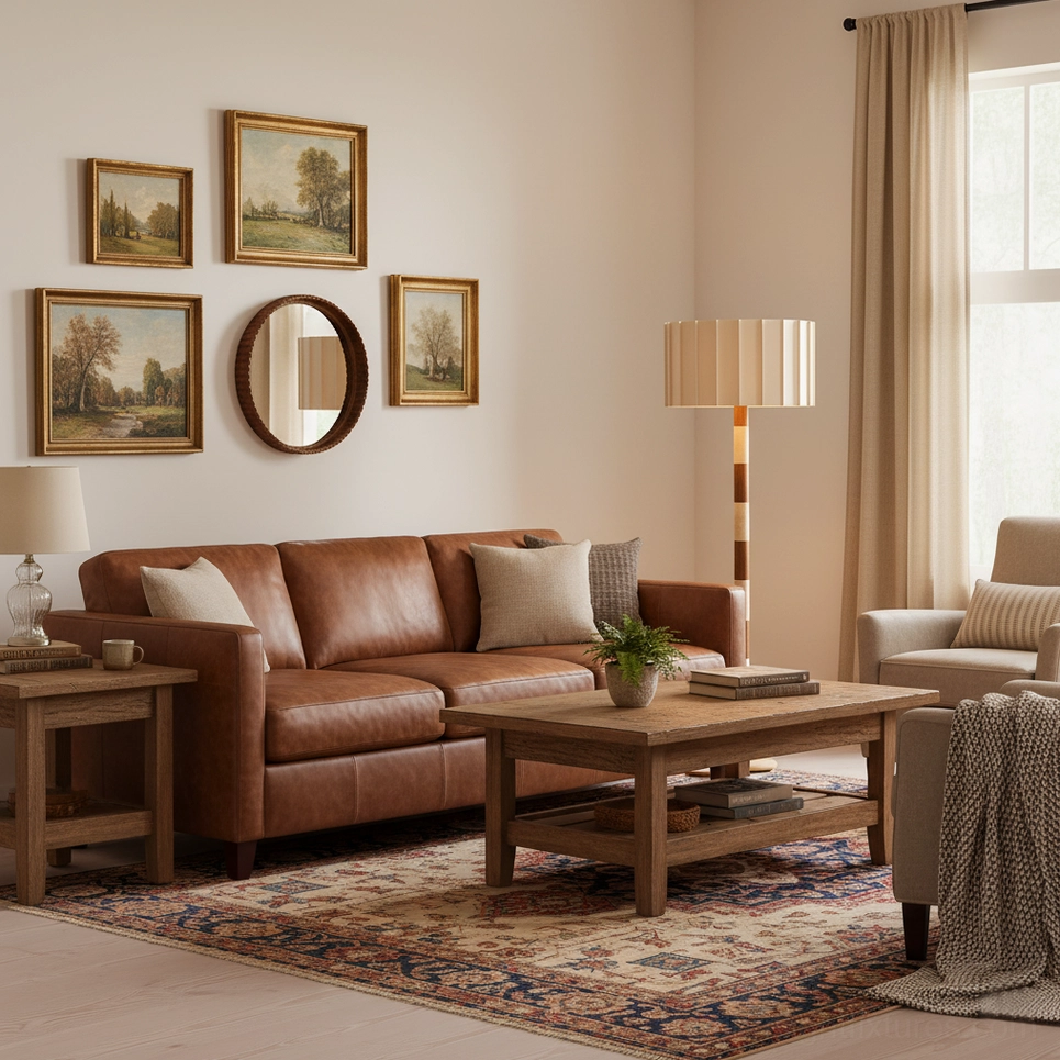 Pleated grove floor lamp distant view in formal vintage living room setting next to brown leather sofa, warm traditional rustic decor